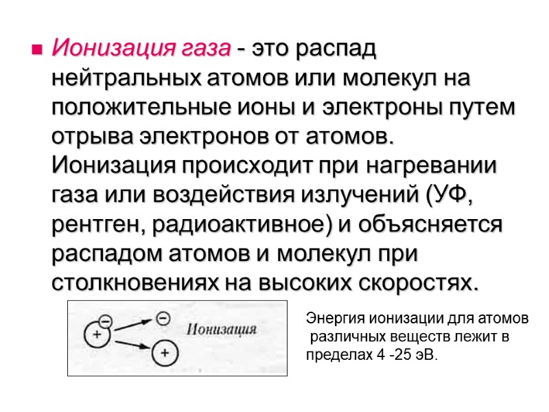 Ионизация газа - это распад нейтральных атомов или молекул на положительные ионы и электроны